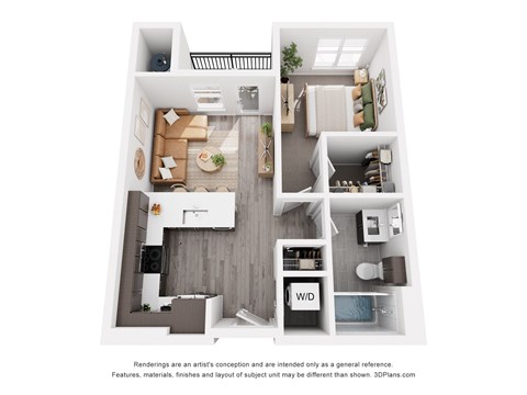 Floor plan for 1 bed, 1 bath, 605 sqft